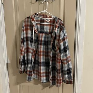 Long sleeve with hoodie plaid button up shirt